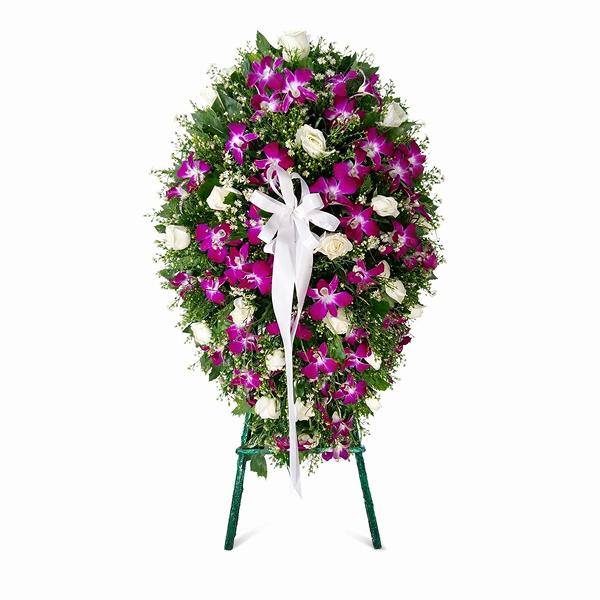 Standard Orchid and white roses wreath
