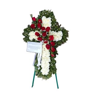 White and red roses cross type wreath